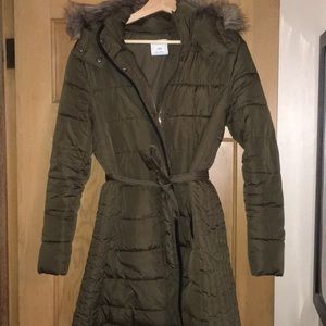 Knee length size large winter jacket.
